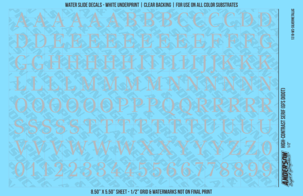 1316-WS-SilverMetallic.png ASG Waterslide Decals - High-Contrast Serif Lettering Numbers 1/2"