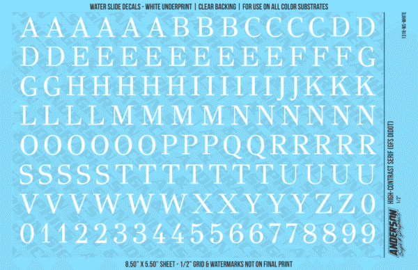 1316-WS-White.png ASG Waterslide Decals - High-Contrast Serif Lettering Numbers 1/2"