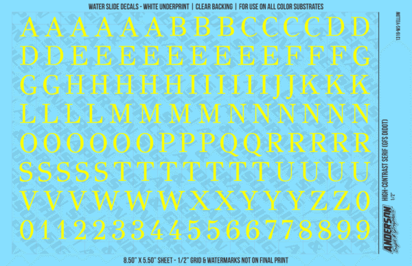 1316-WS-Yellow.png ASG Waterslide Decals - High-Contrast Serif Lettering Numbers 1/2"