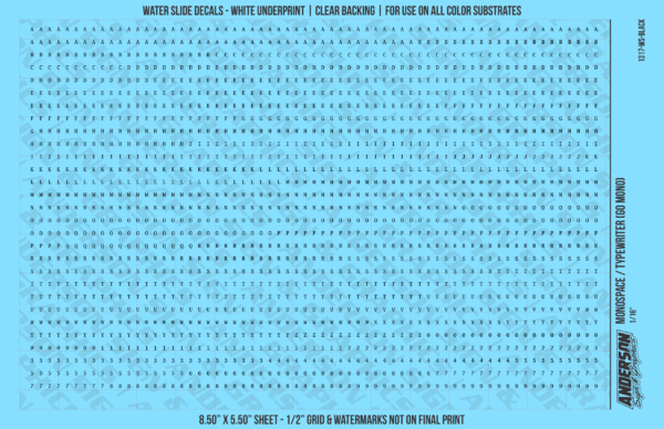 1317-WS-Black.png ASG Waterslide Decals - Monospace / Typewriter Lettering Numbers 1/16"