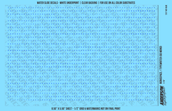 1317-WS-Blue.png ASG Waterslide Decals - Monospace / Typewriter Lettering Numbers 1/16"