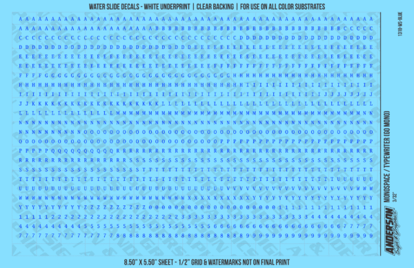 1318-WS-Blue.png ASG Waterslide Decals - Monospace / Typewriter Lettering Numbers 3/32"