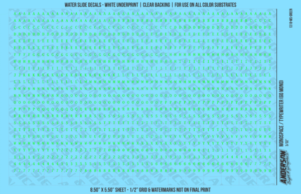 1318-WS-Green.png ASG Waterslide Decals - Monospace / Typewriter Lettering Numbers 3/32"