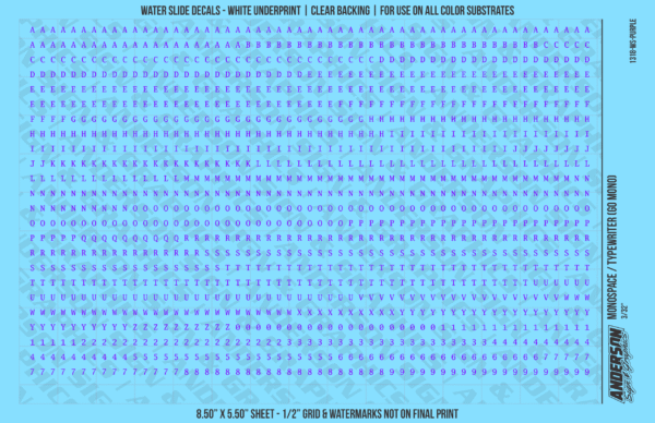 1318-WS-Purple.png ASG Waterslide Decals - Monospace / Typewriter Lettering Numbers 3/32"