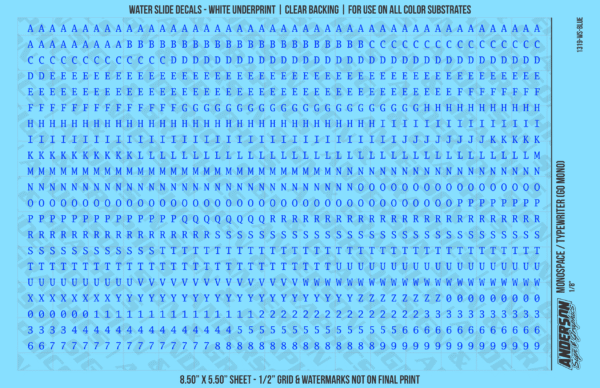 1319-WS-Blue.png ASG Waterslide Decals - Monospace / Typewriter Lettering Numbers 1/8"