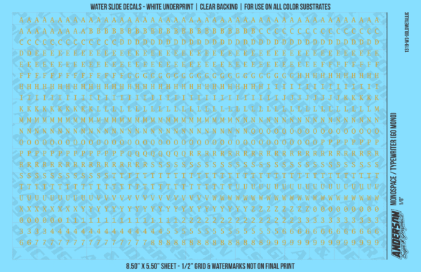 1319-WS-GoldMetallic.png ASG Waterslide Decals - Monospace / Typewriter Lettering Numbers 1/8"