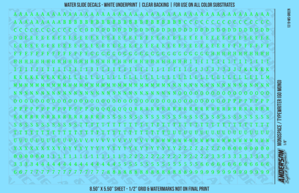 1319-WS-Green.png ASG Waterslide Decals - Monospace / Typewriter Lettering Numbers 1/8"