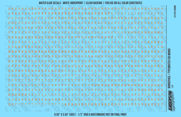 1319-WS-Orange.png ASG Waterslide Decals - Monospace / Typewriter Lettering Numbers 1/8"