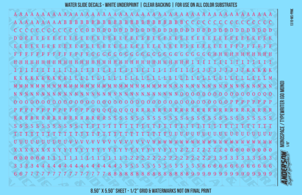 1319-WS-Pink.png ASG Waterslide Decals - Monospace / Typewriter Lettering Numbers 1/8"
