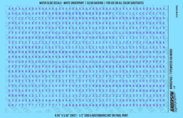 1319-WS-Purple.png ASG Waterslide Decals - Monospace / Typewriter Lettering Numbers 1/8"