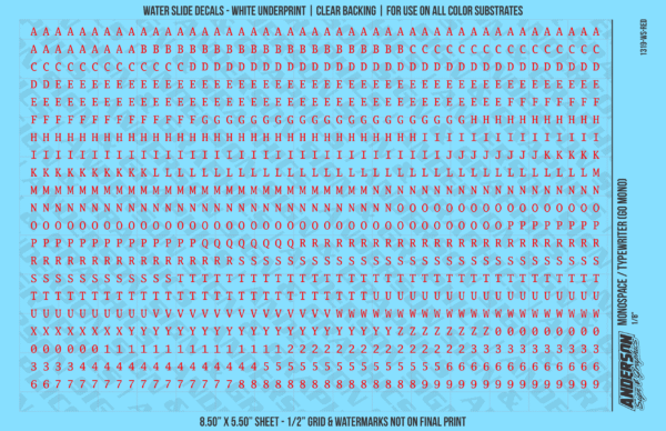 1319-WS-Red.png ASG Waterslide Decals - Monospace / Typewriter Lettering Numbers 1/8"
