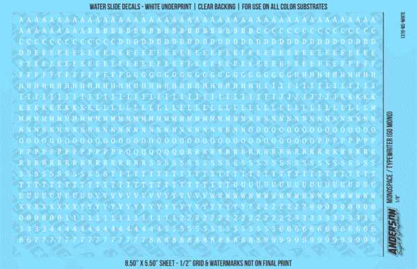 1319-WS-White.png ASG Waterslide Decals - Monospace / Typewriter Lettering Numbers 1/8"