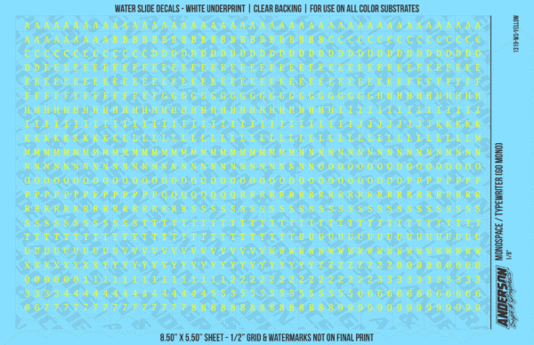 1319-WS-Yellow.png ASG Waterslide Decals - Monospace / Typewriter Lettering Numbers 1/8"