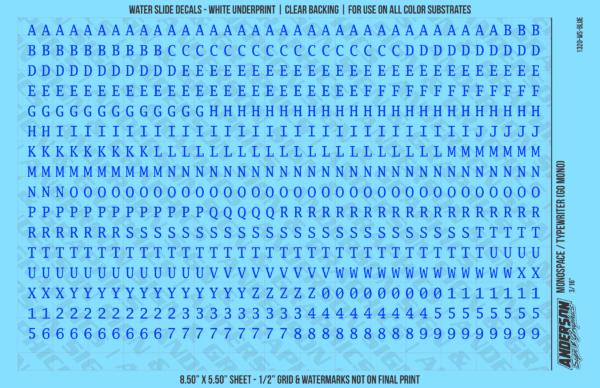 1320-WS-Blue.png ASG Waterslide Decals - Monospace / Typewriter Lettering Numbers 3/16"