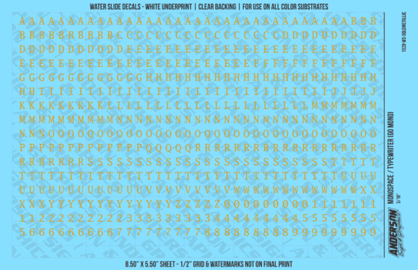 1320-WS-GoldMetallic.png ASG Waterslide Decals - Monospace / Typewriter Lettering Numbers 3/16"