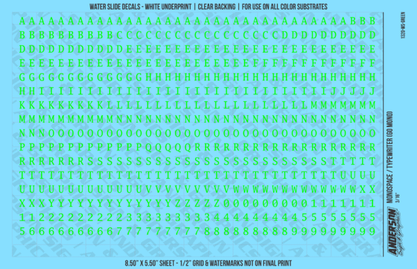 1320-WS-Green.png ASG Waterslide Decals - Monospace / Typewriter Lettering Numbers 3/16"