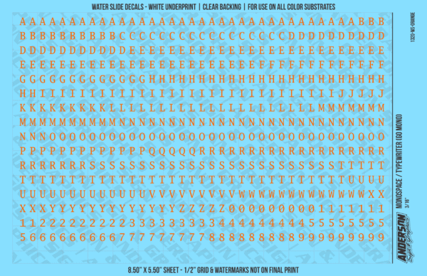 1320-WS-Orange.png ASG Waterslide Decals - Monospace / Typewriter Lettering Numbers 3/16"