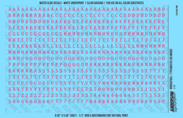 1320-WS-Pink.png ASG Waterslide Decals - Monospace / Typewriter Lettering Numbers 3/16"