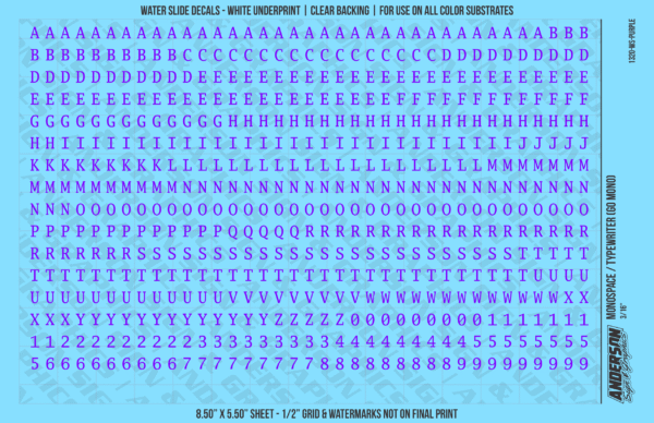 1320-WS-Purple.png ASG Waterslide Decals - Monospace / Typewriter Lettering Numbers 3/16"