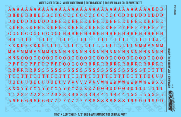 1320-WS-Red.png ASG Waterslide Decals - Monospace / Typewriter Lettering Numbers 3/16"