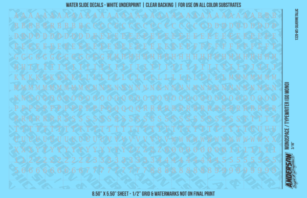 1320-WS-SilverMetallic.png ASG Waterslide Decals - Monospace / Typewriter Lettering Numbers 3/16"