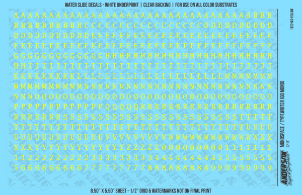 1320-WS-Yellow.png ASG Waterslide Decals - Monospace / Typewriter Lettering Numbers 3/16"