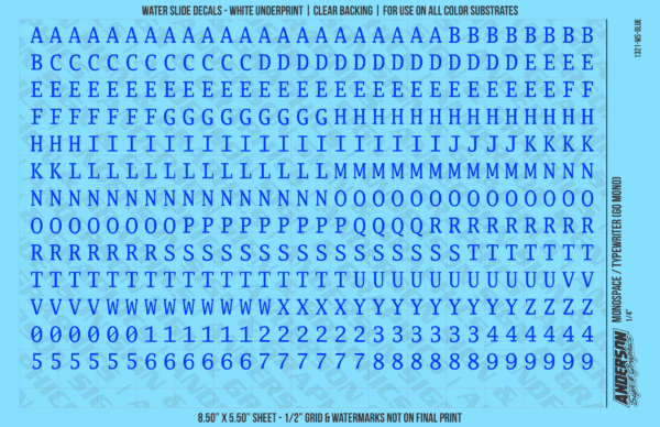 1321-WS-Blue.png ASG Waterslide Decals - Monospace / Typewriter Lettering Numbers 1/4"