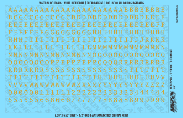 1321-WS-GoldMetallic.png ASG Waterslide Decals - Monospace / Typewriter Lettering Numbers 1/4"