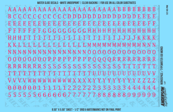 1321-WS-Pink.png ASG Waterslide Decals - Monospace / Typewriter Lettering Numbers 1/4"