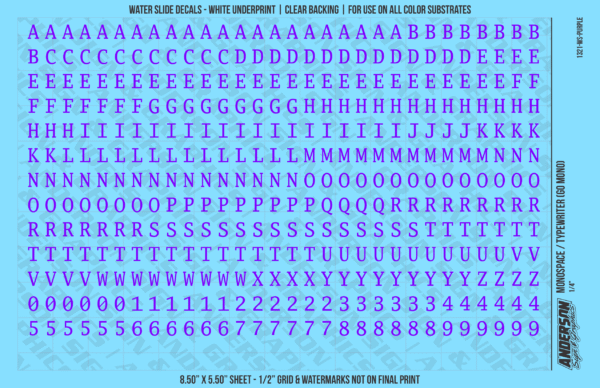 1321-WS-Purple.png ASG Waterslide Decals - Monospace / Typewriter Lettering Numbers 1/4"