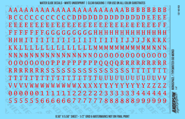 1321-WS-Red.png ASG Waterslide Decals - Monospace / Typewriter Lettering Numbers 1/4"