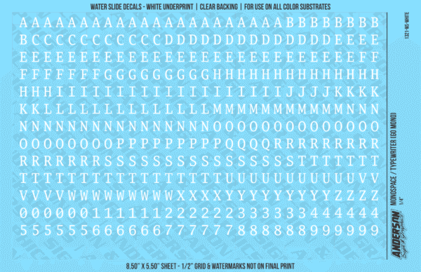 1321-WS-White.png ASG Waterslide Decals - Monospace / Typewriter Lettering Numbers 1/4"