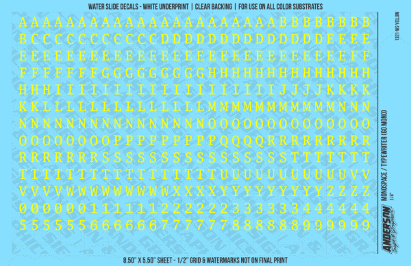 1321-WS-Yellow.png ASG Waterslide Decals - Monospace / Typewriter Lettering Numbers 1/4"