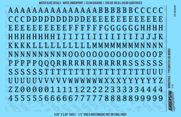1322-WS-Black.png ASG Waterslide Decals - Monospace / Typewriter Lettering Numbers 5/16"