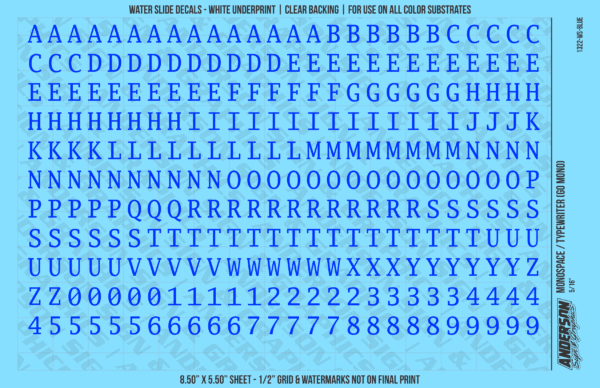 1322-WS-Blue.png ASG Waterslide Decals - Monospace / Typewriter Lettering Numbers 5/16"