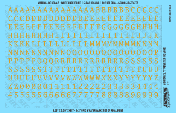 1322-WS-GoldMetallic.png ASG Waterslide Decals - Monospace / Typewriter Lettering Numbers 5/16"