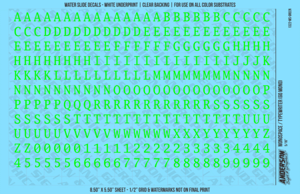 1322-WS-Green.png ASG Waterslide Decals - Monospace / Typewriter Lettering Numbers 5/16"