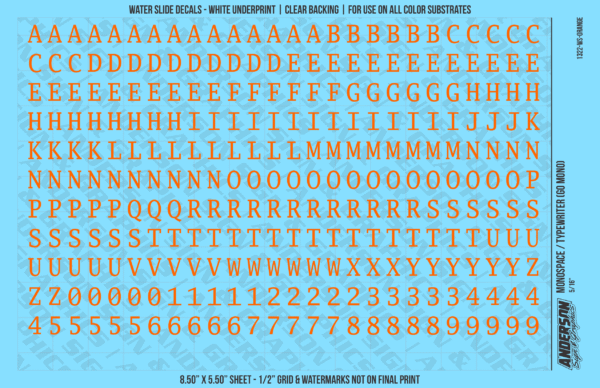 1322-WS-Orange.png ASG Waterslide Decals - Monospace / Typewriter Lettering Numbers 5/16"