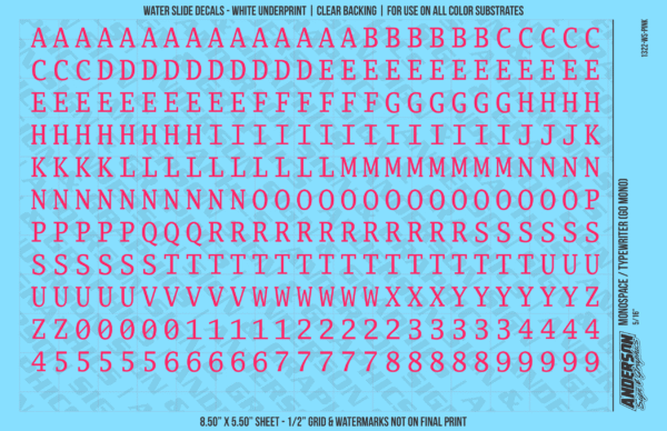 1322-WS-Pink.png ASG Waterslide Decals - Monospace / Typewriter Lettering Numbers 5/16"