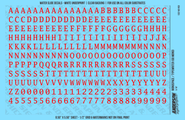 1322-WS-Red.png ASG Waterslide Decals - Monospace / Typewriter Lettering Numbers 5/16"