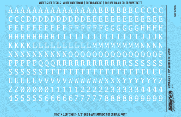 1322-WS-White.png ASG Waterslide Decals - Monospace / Typewriter Lettering Numbers 5/16"