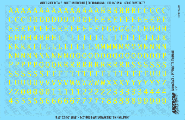 1322-WS-Yellow.png ASG Waterslide Decals - Monospace / Typewriter Lettering Numbers 5/16"