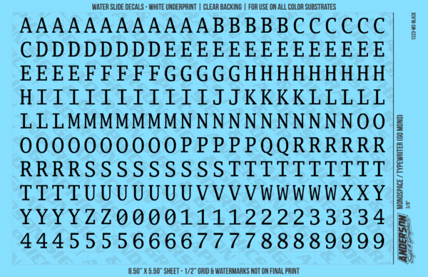 1323-WS-Black.png ASG Waterslide Decals - Monospace / Typewriter Lettering Numbers 3/8"