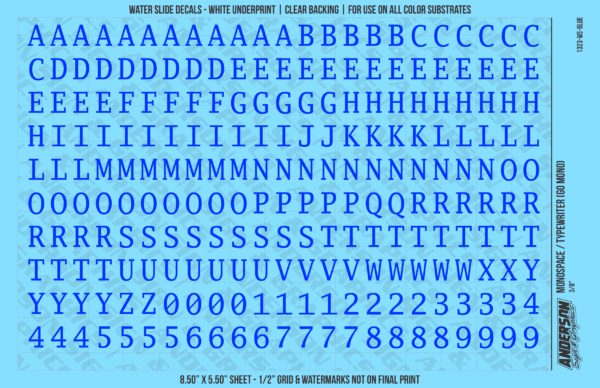 1323-WS-Blue.png ASG Waterslide Decals - Monospace / Typewriter Lettering Numbers 3/8"