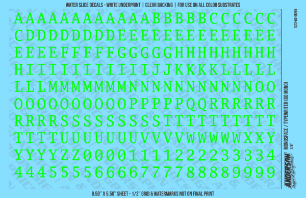 1323-WS-Green.png ASG Waterslide Decals - Monospace / Typewriter Lettering Numbers 3/8"