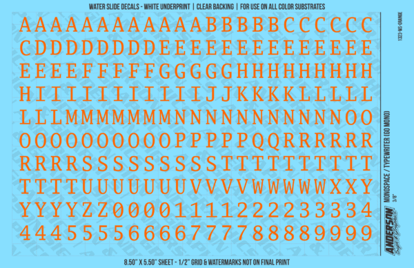 1323-WS-Orange.png ASG Waterslide Decals - Monospace / Typewriter Lettering Numbers 3/8"