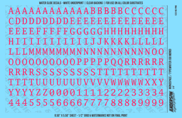 1323-WS-Pink.png ASG Waterslide Decals - Monospace / Typewriter Lettering Numbers 3/8"