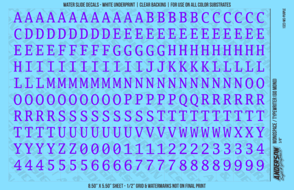1323-WS-Purple.png ASG Waterslide Decals - Monospace / Typewriter Lettering Numbers 3/8"