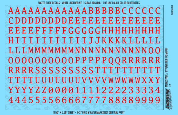 1323-WS-Red.png ASG Waterslide Decals - Monospace / Typewriter Lettering Numbers 3/8"