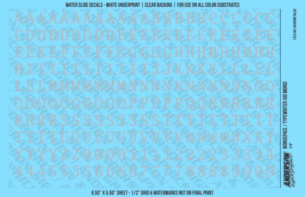 1323-WS-SilverMetallic.png ASG Waterslide Decals - Monospace / Typewriter Lettering Numbers 3/8"